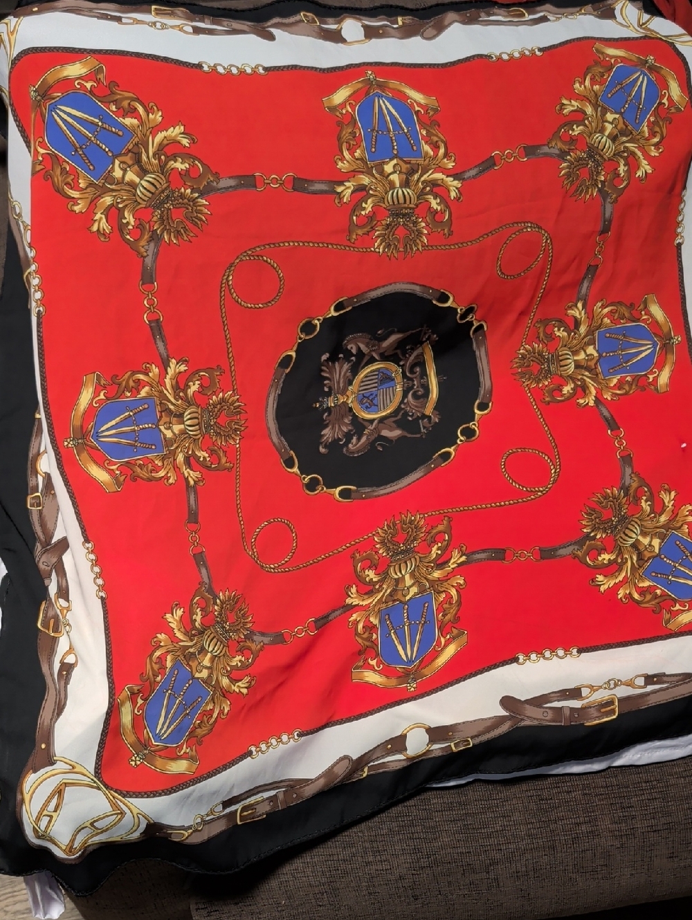Red Baroque Equestrian Scarf with Heraldic Accents Vintage Dieu Et Mon Droit